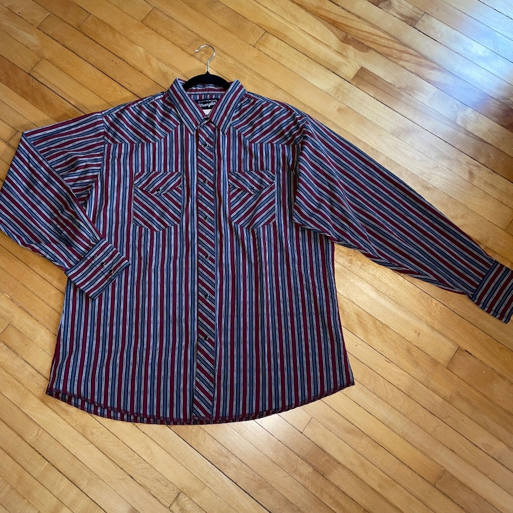 Wrangler Vintage Western Shirt 1970's Pearl Snap Stripe Gray Burgundy XL